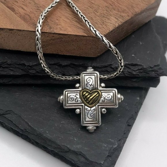 Brighton Jewelry - Brighton Cherish Loving Gold Silver Plated Cross Necklace Gold Tone Heart 19.5”